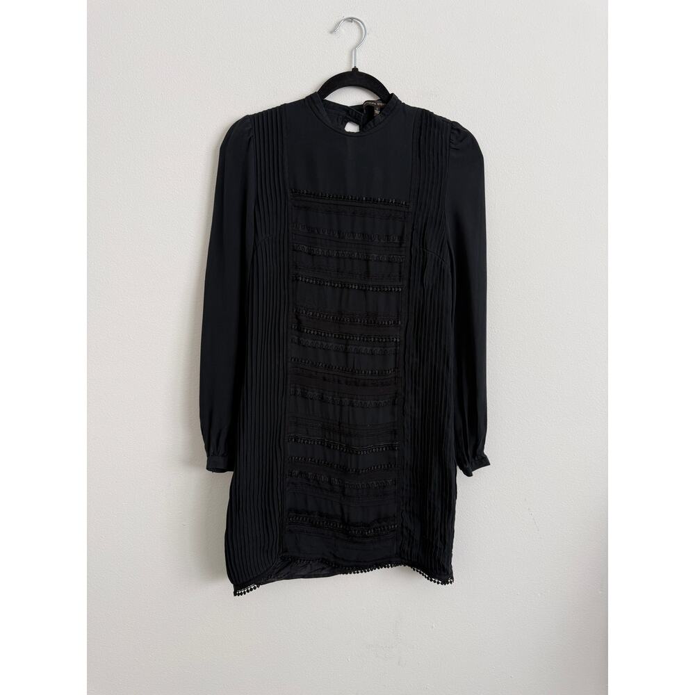 Black 100% Silk Sheer Lace Pintuck Dress Romantic Minimalist Size 2